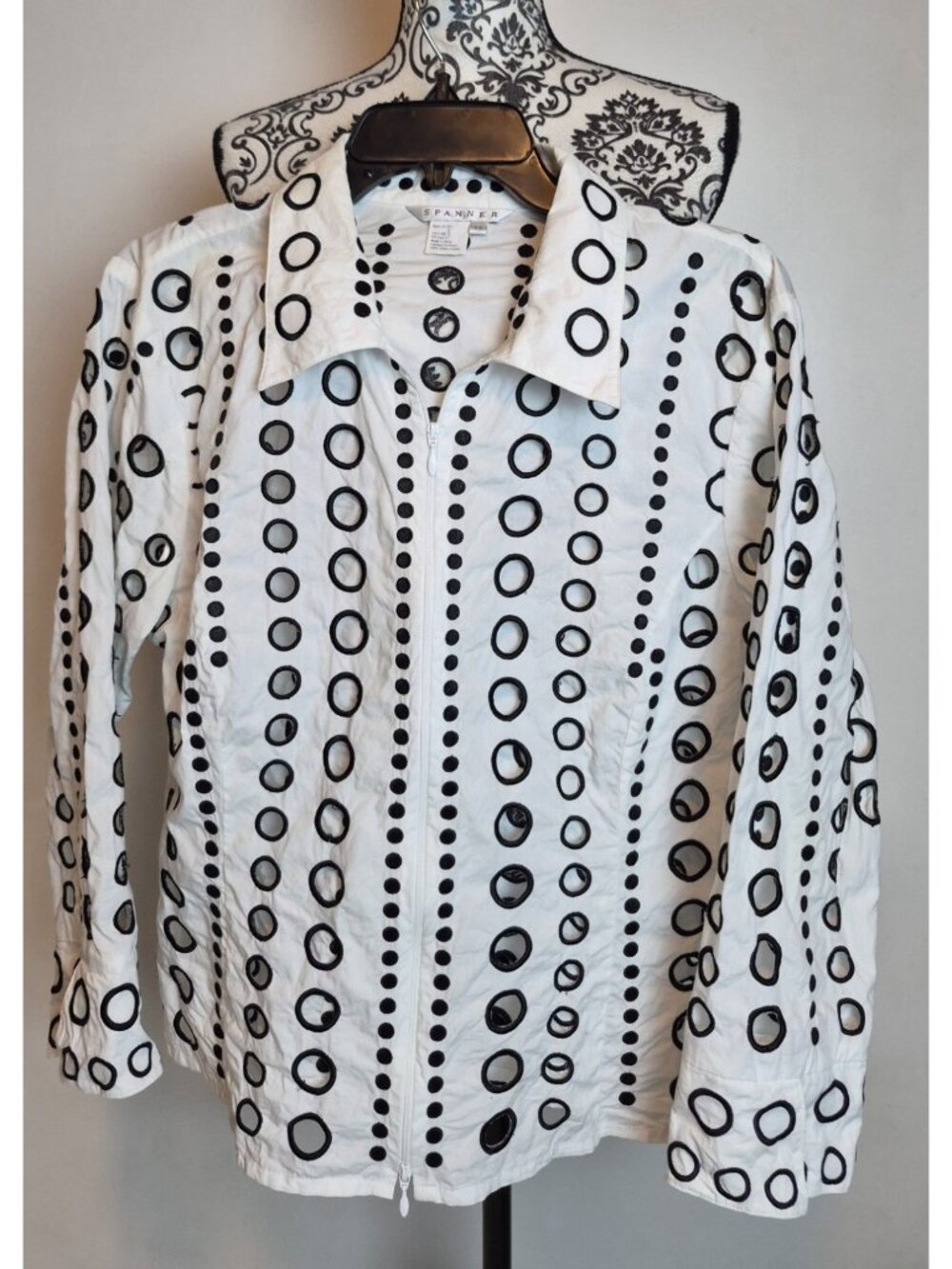 Vintage Spanner Women's Sz 14 Black White Circle Cutout Zip Jacket Cotton VTG